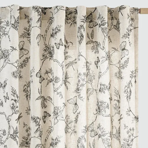 Miniatura 16 de JINCHAN Cortinas florales de lino para sala de estar, cortinas negras de estilo granja francesa de campo, cortinas de 63 pulgadas de largo, cortinas