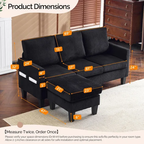 Miniatura 2 de VINGLI Sofá en forma de L de 68.5 pies con otomana de almacenamiento móvil, sofá modular convertible en tela de pana suave, moderno sillón Negro