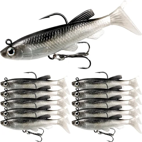 Miniatura 19 de Señuelos de pesca suaves, cebos de sábalo y pececillo, señuelos de cola de paleta con cabeza de plantilla premontada para lubina, trucha