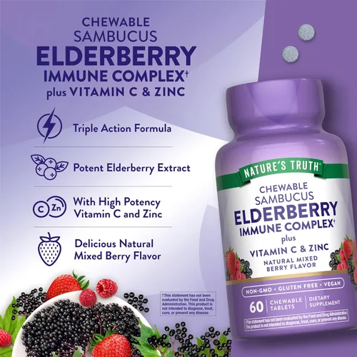 Miniatura 5 de Nature's Truth Complejo inmunológico de saúco 60 tabletas masticables Más vitamina C y zinc Mezcla de bayas Suplemento vegano, sin OMG y sin