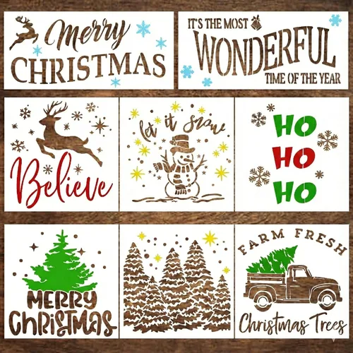 Plantillas navideñas para pintar sobre madera, plantillas reutilizables con una plantilla de Feliz Navidad y Believe, plantillas navideñas grandes