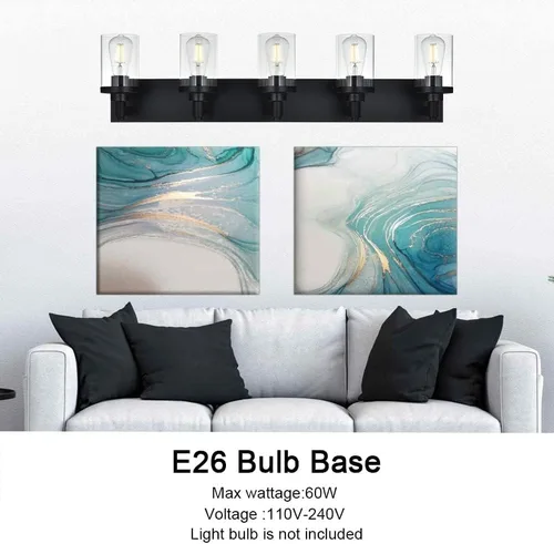 Miniatura 6 de Lámpara de tocador moderna negra para baño, 5 luces de baño, sobre espejo con pantalla de vidrio transparente, lámpara de montaje en pared, luces