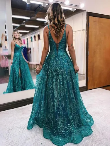 Miniatura 3 de Vestidos de fiesta de encaje 2024, vestidos largos con tirantes delgados, vestidos de noche con abertura y hombros descubiertos, vestidos formales