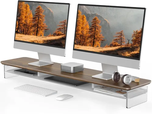 Miniatura 14 de Fenge Soporte Elevador de Monitor de Acrílico, Soporte de Monitor Dual de 42.5 Pulgadas con Almacenamiento de Metal, Elevador de Computadora de Roble