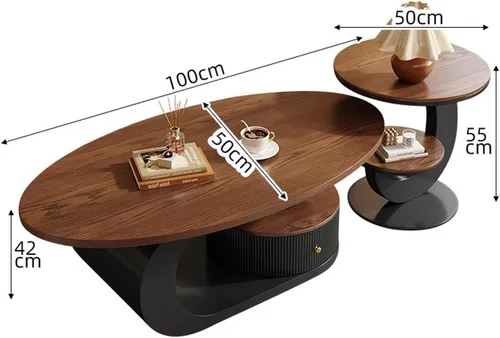 Miniatura 3 de Juego de mesa de centro ovalada moderna de 2 piezas, mesas de centro anidables con almacenamiento, mesa auxiliar con marco de metal, mesa de centro