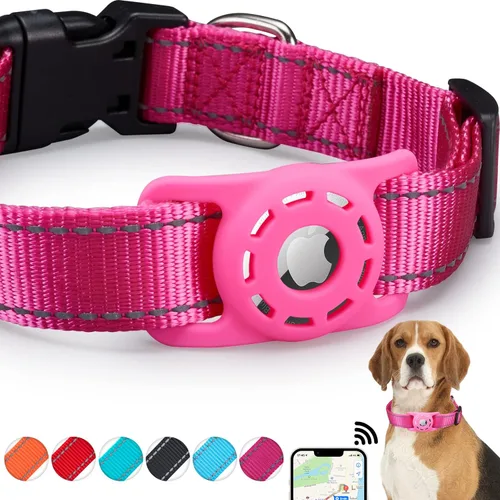 Collar reflectante para perro, compatible con AirTag, collar de nailon para perros pequeños, medianos, grandes y extra grandes Rosado