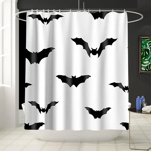 Lack and White - Cortina de ducha de tela con diseño de murciélago para Halloween, juego de cortina de ducha con 12 ganchos, respetuosa con el medio