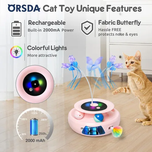 Miniatura 5 de ORSDA Juguete para gatos, juguete interactivo electrónico automático 3 en 1 con plumas de emboscada en movimiento, mariposa revoloteante, bolas