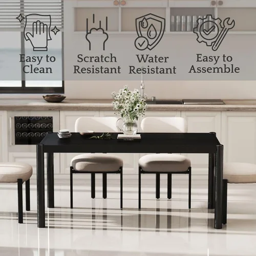 Miniatura 4 de LukeAlon Mesa de comedor de madera negra para 4 a 6 personas, mesa larga de cocina moderna de 64 pulgadas con patas de madera, mesas de comedor