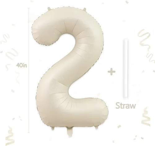 Miniatura 6 de Globos con el número 2, 2 globos, 2 globos de número 40 pulgadas, color blanco arena, grandes globos de aluminio para 2 fiestas de cumpleaños, Arena