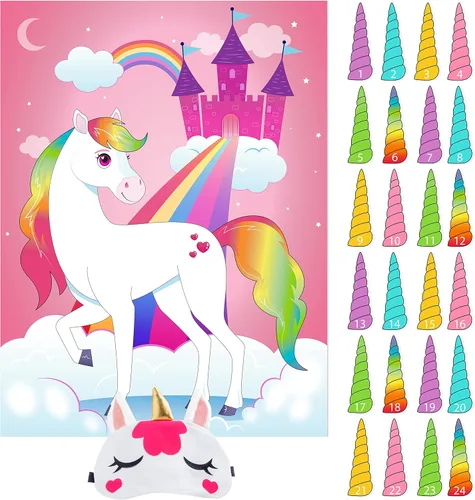 Miniatura 9 de JOYIN Pin The Unicorn Horn - Juego de 24 piezas de 21 x 28 pulgadas con temática de unicornio, suministros de fiesta, decoraciones de fiesta