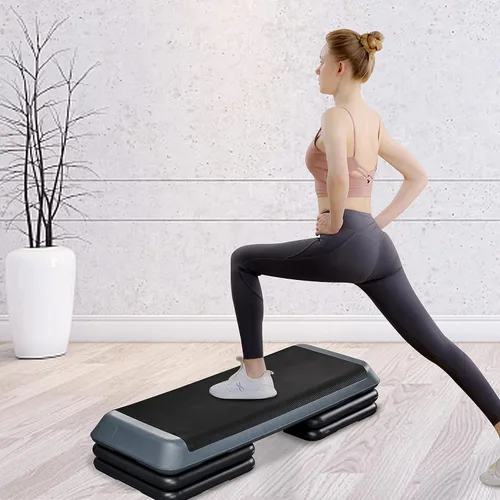 Miniatura 2 de Yaheetech Escalón aeróbico, plataforma de ejercicio aeróbico ajustable de 4-6-8 pulgadas, tamaño del club de salud con elevadores y superficie