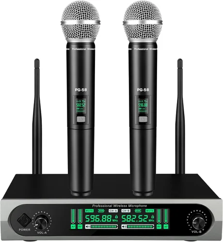 Sistema de micrófono UHF inalámbrico, con 2 dispositivos de mano, escaneo automático, frecuencias UHF de 2 x 50, rango de 200 pies, micrófono
