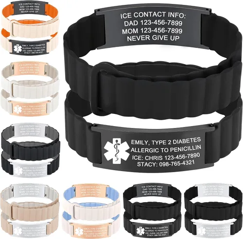 Cómodas pulseras de alerta médica personalizadas para mujeres y hombres, pulsera médica grabada personalizada con correa de silicona magnética
