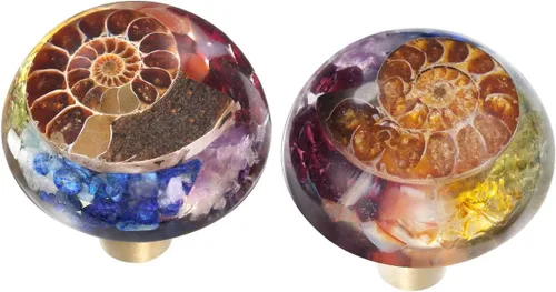 Rockcloud Paquete de 2 pomos de resina de cristal de amonita fósiles coloridos chakras para cajones, tiradores de armario con tornillos para