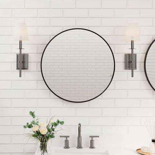 Miniatura 11 de WELLFOR Espejo redondo negro de 24 pulgadas, moderno espejo circular montado en la pared con marco de metal para entradas, baños, salas de estar