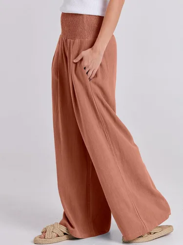 Miniatura 7 de Caracilia Pantalones palazzo de lino para mujer, estilo bohemio, pierna ancha, cintura alta, fruncidos, informales, con bolsillo