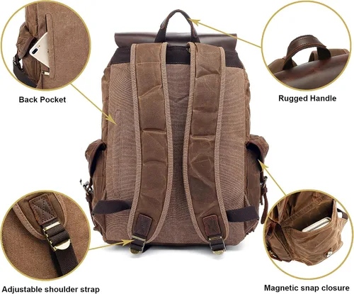 Miniatura 4 de HuaChen Mochila vintage de lona encerada con solapa de cuero genuino, mochila de viaje y trabajo, mochila resistente al agua con bolsillo antirrobo