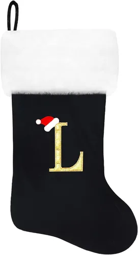 Miniatura 70 de Calcetines de Navidad bordados de 20 pulgadas con monograma, terciopelo negro con puño de felpa blanca supersuave, adornos clásicos para decoración