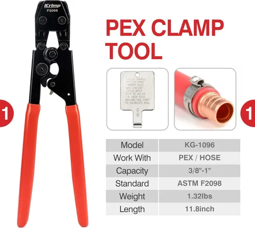 Miniatura 2 de iCRIMP KIT-1096D Kit de herramientas de abrazaderas de cincha PEX para abrazaderas de cincha PEX de 3/8 a 1 pulgada, con 20 piezas de anillos
