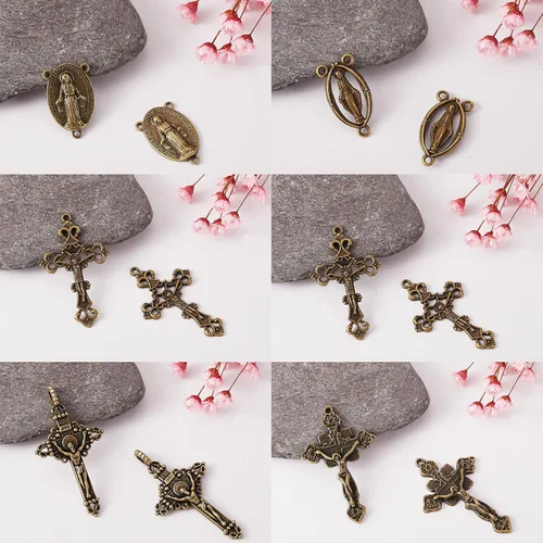 Miniatura 3 de BEEFLYING 60 piezas de rosario católico de aleación de estilo tibetano Jesús crucifijo de paz cruz centro María Milagrosa Medalla Colgantes Virgen