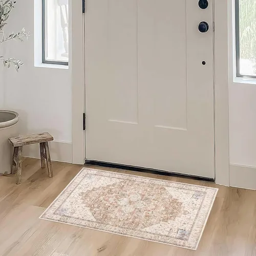Miniatura 4 de Alfombra de área pequeña de 2x3 pies, antideslizante, neutra, persa lavable estilo casa de campo para entrada, para interiores, color beige tostado