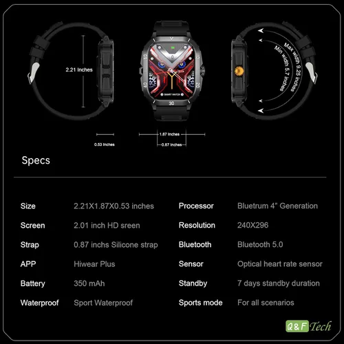 Miniatura 7 de Q&F Tech Reloj deportivo inteligente C50Pro para monitor de fitness y salud, incluyendo presión arterial y oxígeno/frecuencia