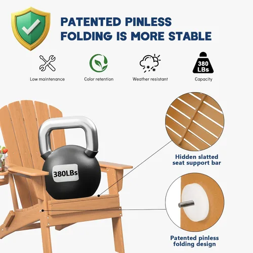 Miniatura 8 de Plawdlik Adirondack Juego de 2 sillas plegables, probadas por SGS, textura de madera con portavasos, polietileno de alta densidad resistente a todo