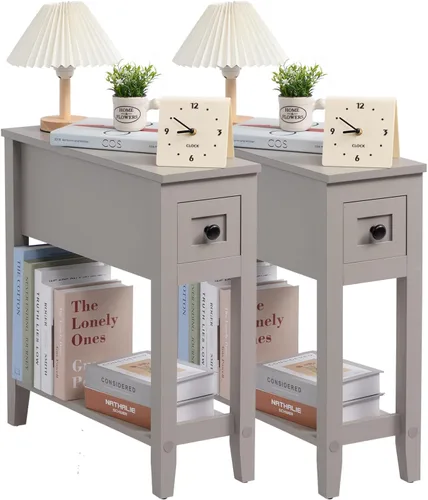 Miniatura 10 de Paquete de 2 Mesas Auxiliares Estrechas de Cabecera con Cajón, Mesa Auxiliar Sólida para Sillón Reclinable con Estante de Almacenamiento, Mesita
