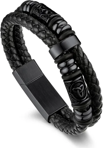 Miniatura 10 de Bandmax Pulseras de Puño de Cuerda de Cera Doble Negra para Hombres Impermeables de Acero Inoxidable Estilo Nórdico Nudo Celta Cuentas Pulsera