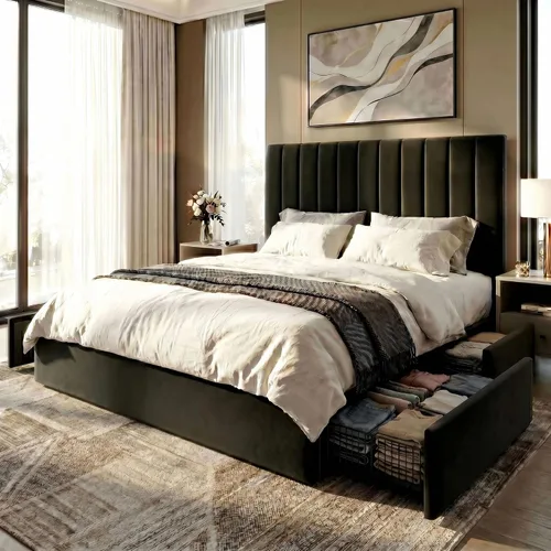 SHA CERLIN Base de cama de plataforma tamaño matrimonial con 4 cajones de almacenamiento, cabecera acolchada vertical con diseño acanalado