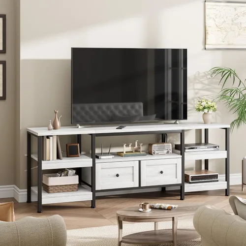 Garvee Soporte industrial para TV con 2 cajones, centro de entretenimiento de 79 pulgadas, se adapta a televisores de hasta 85 pulgadas, consola