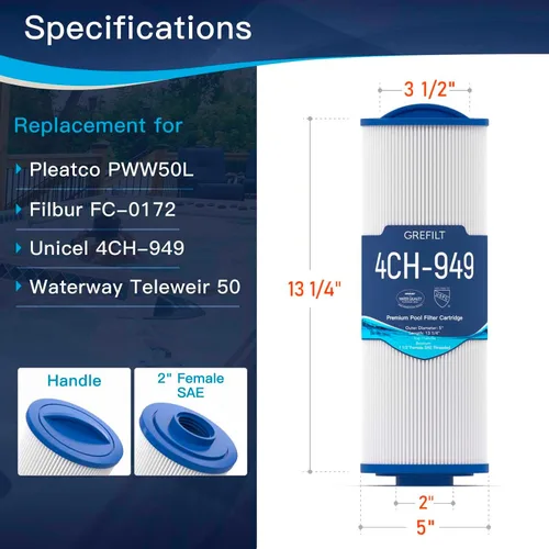 Miniatura 2 de 4CH-949 Filtro de spa compatible con Unicel, Pleatco PWW50L, Filbur FC-0172, Cartucho de filtro de bañera de hidromasaje para Rising Dragon 50
