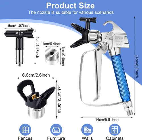 Miniatura 6 de Pistola pulverizadora de pintura sin aire, kit de 14 piezas con 6 puntas de pulverización reversibles, 6 filtros y asiento de boquilla para máquina