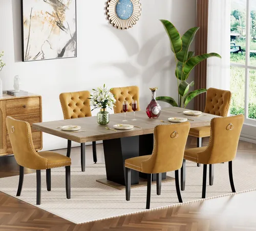 Miniatura 9 de Henf Juego de mesa de comedor extensible de 7 piezas para 6, 160 cm-200 cm Mesa de cocina extensible de grano de mármol blanco con 6 sillas Blanco