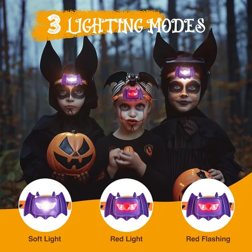 Miniatura 3 de EverBrite Faros delanteros de murciélago de Halloween, paquete de 2 lámparas de cabeza para niños con 3 modos cálido/rojo/estroboscópico, faros