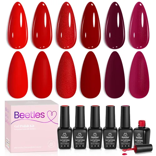 Miniatura 14 de Beetles - Esmalte de uñas de gel rojo, 6 colores, colección Marvelous Lady, esmalte de uñas con purpurina burdeos, nude, rojo brillante, diseño
