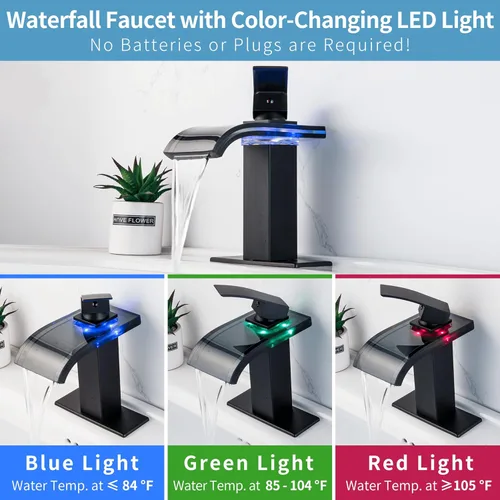 Miniatura 2 de Grifo de baño de cascada LED negro, grifo de lavabo de baño, 1 agujero, juego central de 4 pulgadas Negro mate