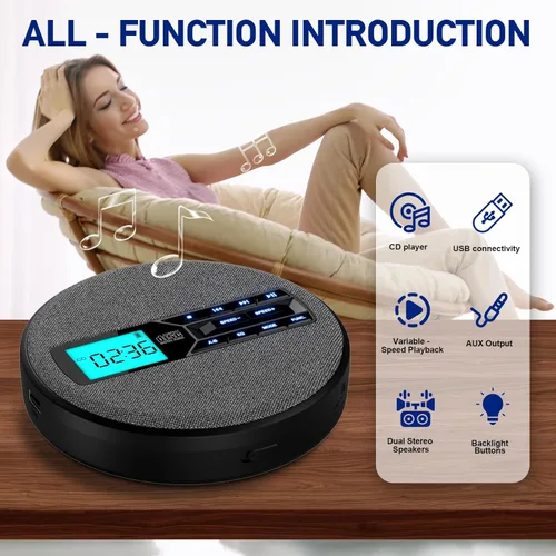 Miniatura 8 de Reproductor de CD portátil, reproductor de CD portátil recargable con altavoces duales y antisalto, CD, USB, AUX, pantalla LCD, botón Negro