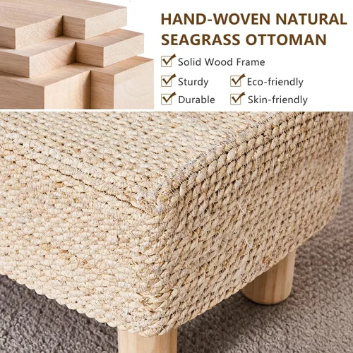 Miniatura 4 de Wimarsbon Reposapiés Otomano de Hierba Marina Natural Rectangular Reposapiés Puf Otomanos con Patas de Madera Tejido a Mano Taburete Escalón