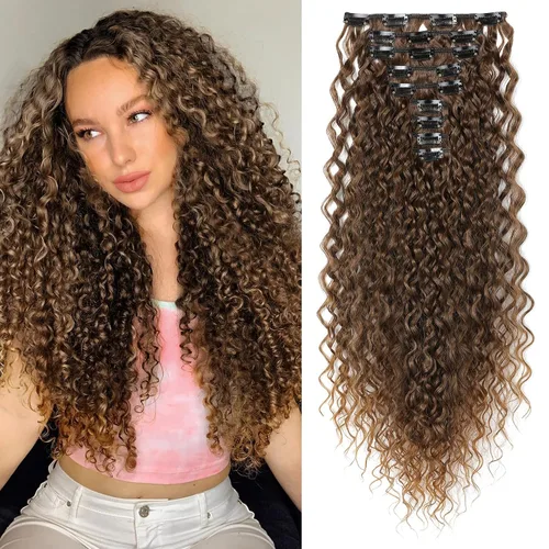 Miniatura 14 de LONAI Extensión de Cabello, 9 piezas, 56 cm de largo, castaño, extensiones de cabello rizadas con pinza, LN002, extensiones de cabello sintético