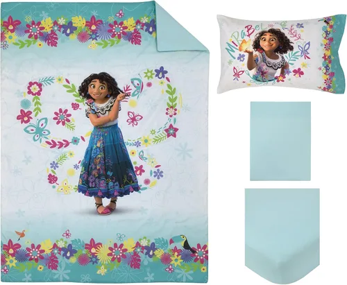 Miniatura 8 de Disney Encanto Tropical Delight - Juego de ropa de cama infantil de 4 piezas con flores y mariposas rosas y aguamarina, edredón, sábana bajera