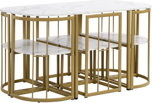 Miniatura 9 de Quarte Moderno juego de mesa de comedor de 7 piezas con mármol sintético, juego de mesa de cocina de metal compacto, diseño de silla triangular