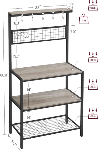 Miniatura 3 de VASAGLE Almacenamiento de cocina, estante para panaderos, barra de café, estante de 3 niveles, 6 ganchos en S, para microondas, tarros de especias