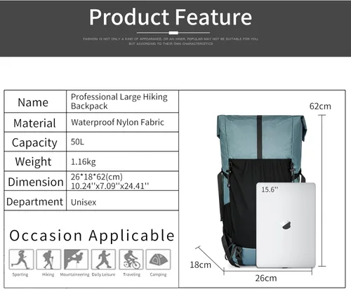 Miniatura 2 de Mochila de senderismo, 40L a 50L de capacidad extra grande, bolsa de senderismo, mochila de campamento con marco interno, mochila deportiva ligera