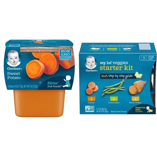 Gerber 2nd Food Baby Food - Puré de batata (2 unidades) y Gerber My 1st Veggies Kit de inicio (zanahoria, frijoles verdes y puré de batata) (6