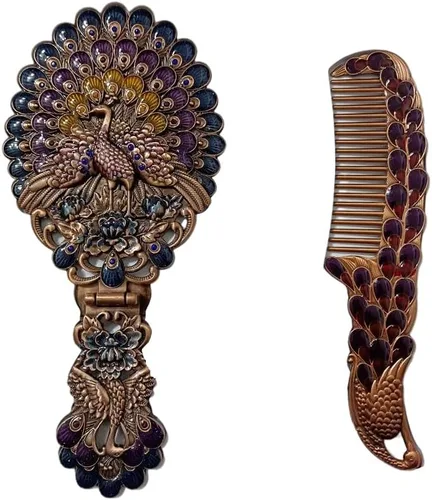 Miniatura 10 de Rayberro Espejo de mano vintage con juego de peine, espejo de mano vintage de pavo real en relieve metálico, espejo de maquillaje para la cara