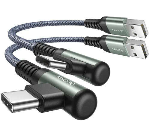 AINOPE Cable USB C [2 unidades, 0.5 pies] 3.1A tipo C cargador de carga rápida en ángulo recto, cable de carga USB C trenzado de nailon duradero Gris