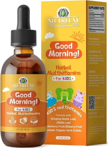 Natural Kids Herbal Morning Drops – Verdes líquidos diarios + mezcla de superalimentos antioxidantes con saúco, espirulina, goji y arándano, suave