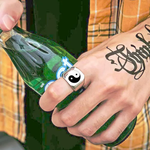 Miniatura 3 de Anillo de banda de Tai Chi Yin Yang de acero inoxidable Ba Gua Equilibrio Taoísmo Zen Spirit Talismán, Sello de religión, Banda gruesa